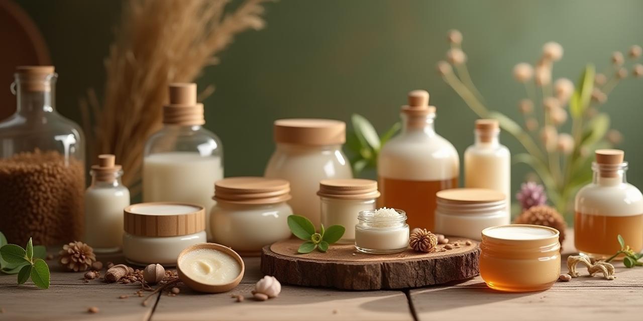 Colección de cosméticos artesanales sobre mesa de madera